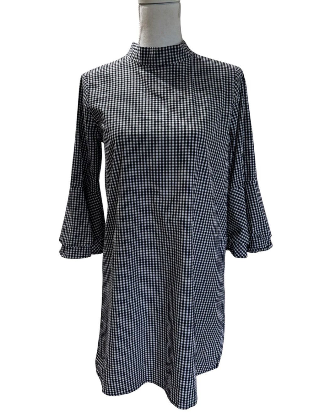 Black White Gingham Mock Neck Shift Dress Bell Sleeve Ribbon Tie Back Mod